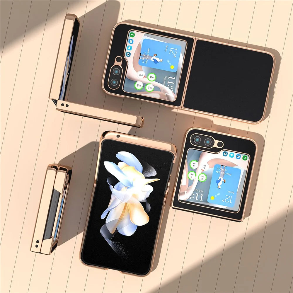 For Samsung Galaxy Z Flip5 5G Silky Series Electroplating Phone Case Genuine Cow Leather + PC Cover - Black - 4