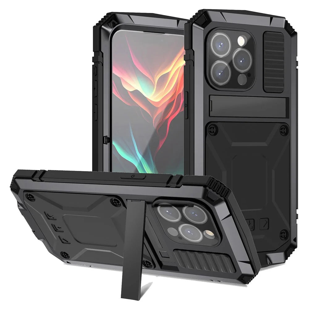 R-JUST For iPhone 15 Pro Max Anti-drop Phone Case PC+Silicone+Metal Kickstand Cover with Tempered Glass Film - Black - 1