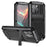 R-JUST For iPhone 15 Pro Max Anti-drop Phone Case PC+Silicone+Metal Kickstand Cover with Tempered Glass Film - Black - 1