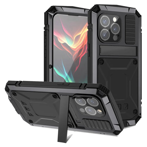 R-JUST For iPhone 15 Pro Max Anti-drop Phone Case PC+Silicone+Metal Kickstand Cover with Tempered Glass Film - Black - 1