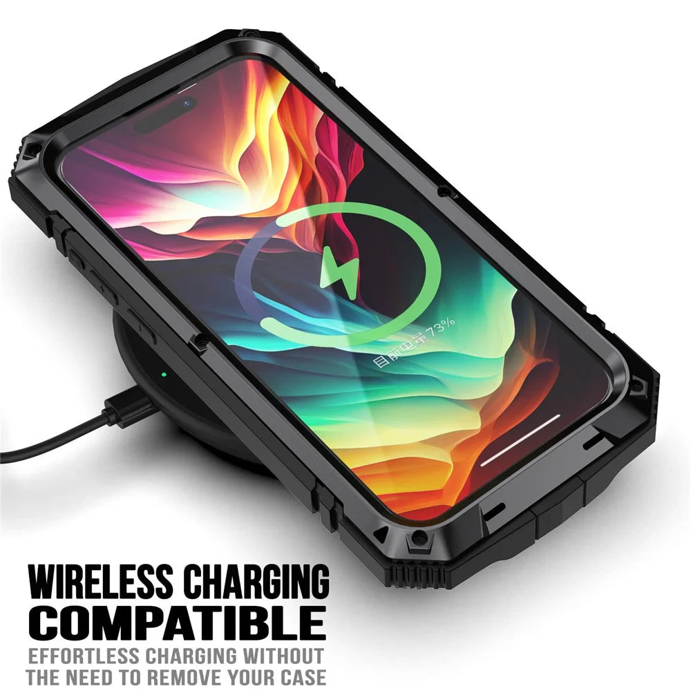 R-JUST For iPhone 15 Pro Max Anti-drop Phone Case PC+Silicone+Metal Kickstand Cover with Tempered Glass Film - Black - 2