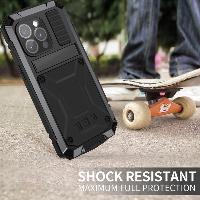 R-JUST For iPhone 15 Pro Max Anti-drop Phone Case PC+Silicone+Metal Kickstand Cover with Tempered Glass Film - Black - 3