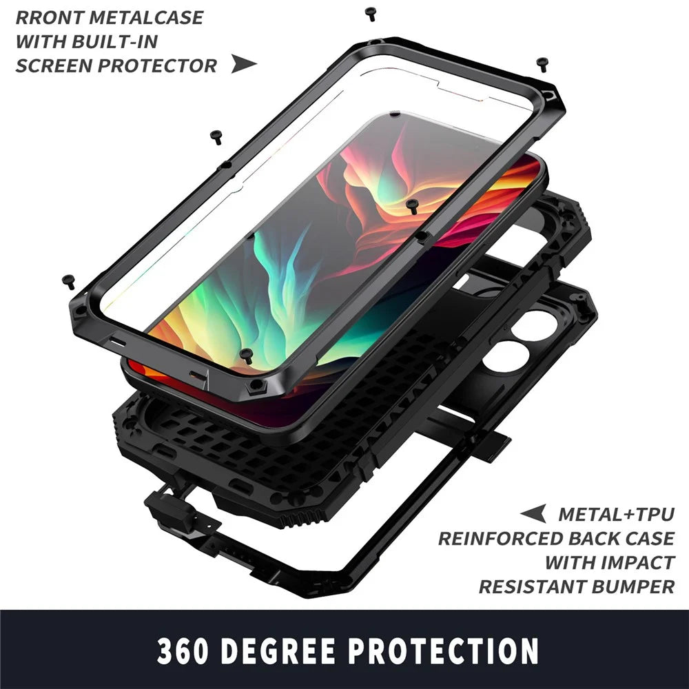 R-JUST For iPhone 15 Pro Max Anti-drop Phone Case PC+Silicone+Metal Kickstand Cover with Tempered Glass Film - Black - 4