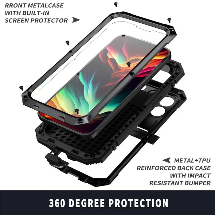R-JUST For iPhone 15 Pro Max Anti-drop Phone Case PC+Silicone+Metal Kickstand Cover with Tempered Glass Film - Black - 4