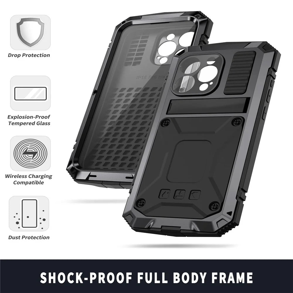 R-JUST For iPhone 15 Pro Max Anti-drop Phone Case PC+Silicone+Metal Kickstand Cover with Tempered Glass Film - Black - 5