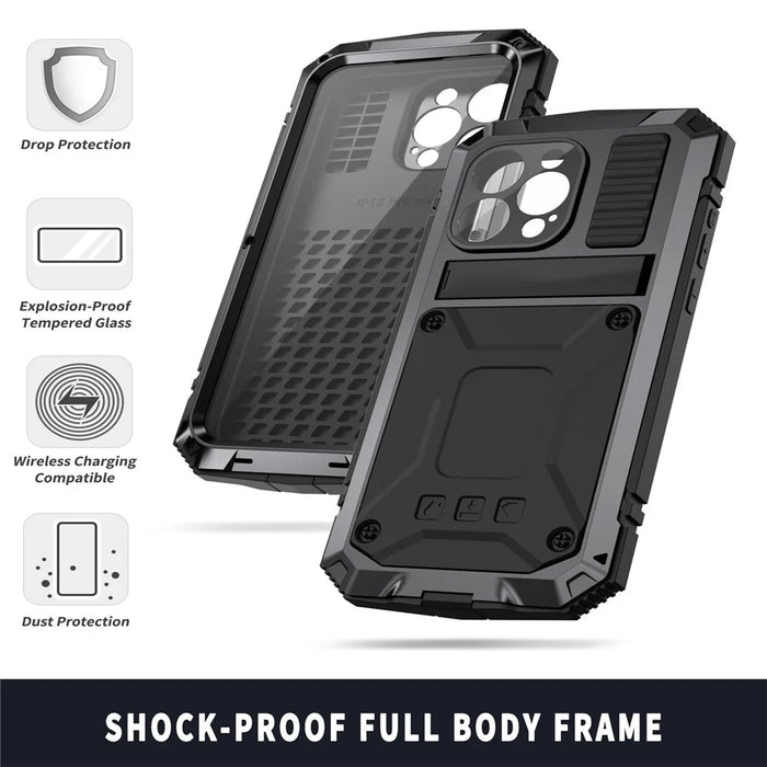 R-JUST For iPhone 15 Pro Max Anti-drop Phone Case PC+Silicone+Metal Kickstand Cover with Tempered Glass Film - Black - 5