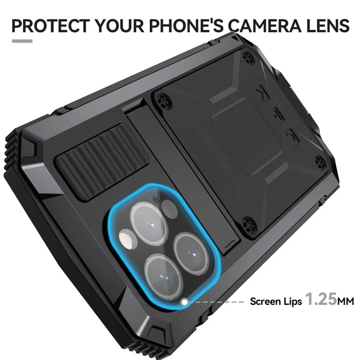 R-JUST For iPhone 15 Pro Max Anti-drop Phone Case PC+Silicone+Metal Kickstand Cover with Tempered Glass Film - Black - 7