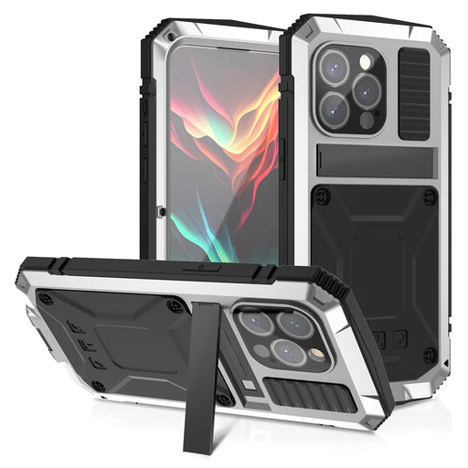 R-JUST For iPhone 15 Pro Kickstand Phone Case PC+Silicone+Metal Shockproof Cover with Tempered Glass Film - Silver - 1