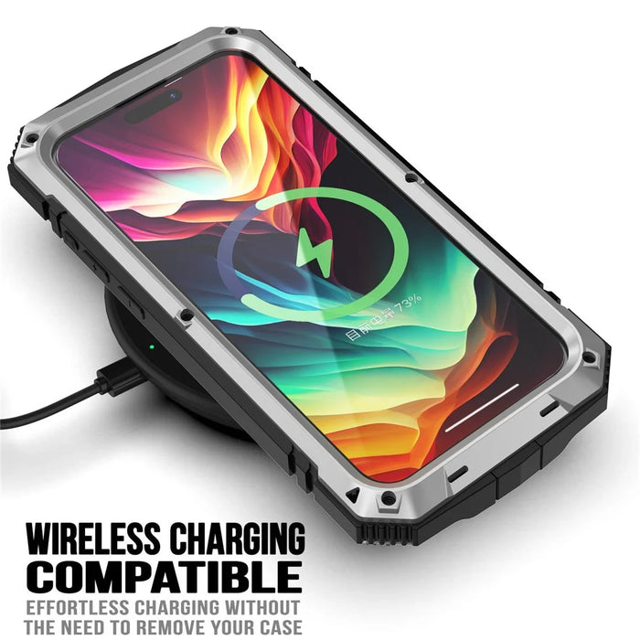 R-JUST For iPhone 15 Pro Kickstand Phone Case PC+Silicone+Metal Shockproof Cover with Tempered Glass Film - Silver - 2