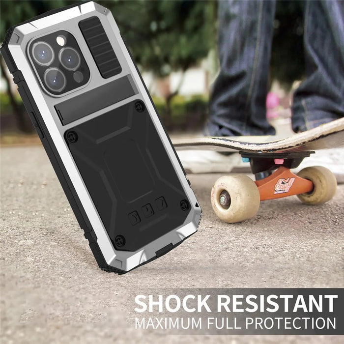 R-JUST For iPhone 15 Pro Kickstand Phone Case PC+Silicone+Metal Shockproof Cover with Tempered Glass Film - Silver - 3
