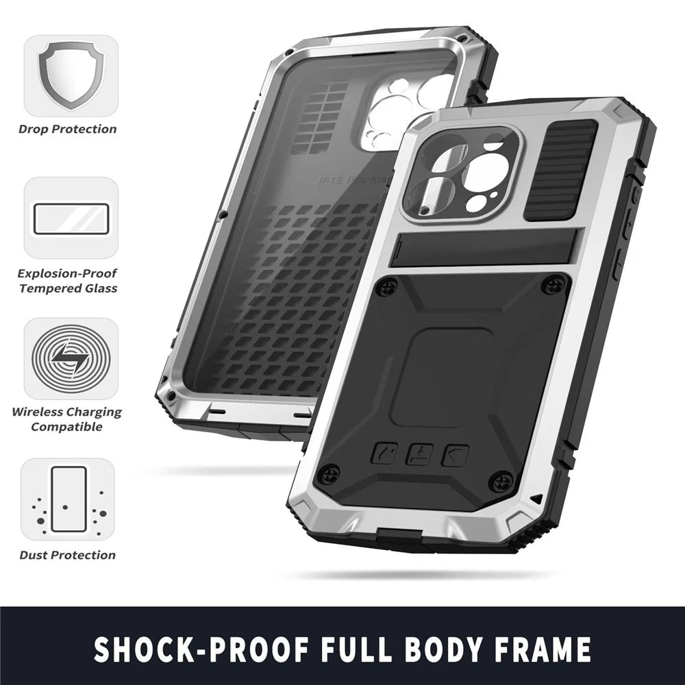 R-JUST For iPhone 15 Pro Kickstand Phone Case PC+Silicone+Metal Shockproof Cover with Tempered Glass Film - Silver - 6