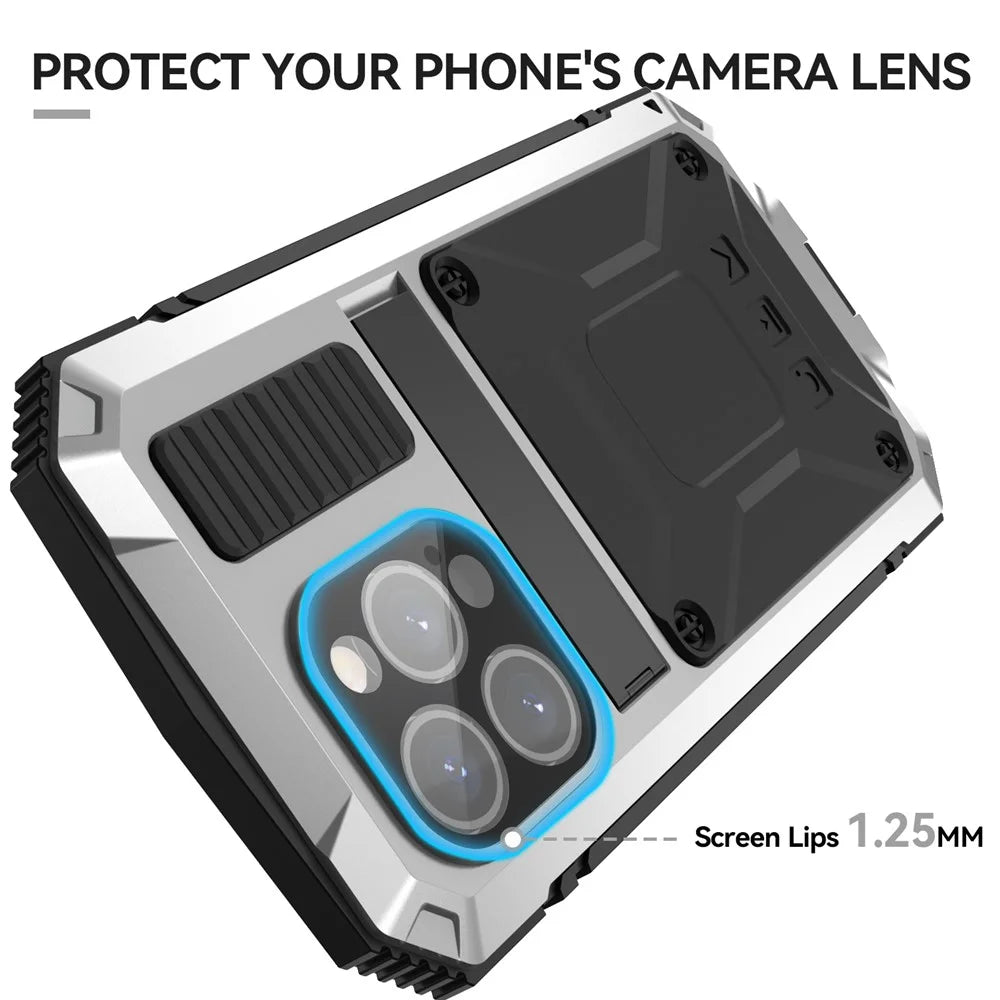 R-JUST For iPhone 15 Pro Kickstand Phone Case PC+Silicone+Metal Shockproof Cover with Tempered Glass Film - Silver - 7