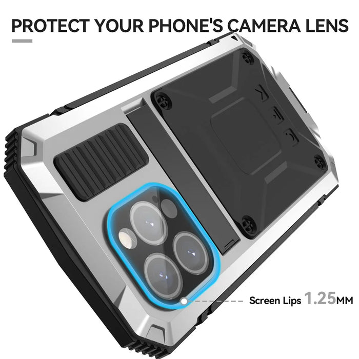R-JUST For iPhone 15 Pro Kickstand Phone Case PC+Silicone+Metal Shockproof Cover with Tempered Glass Film - Silver - 7