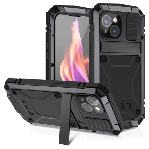 R-JUST For iPhone 15 Plus PC+Silicone+Metal Phone Case Drop-proof Kickstand Cover with Tempered Glass Film - Black - 1