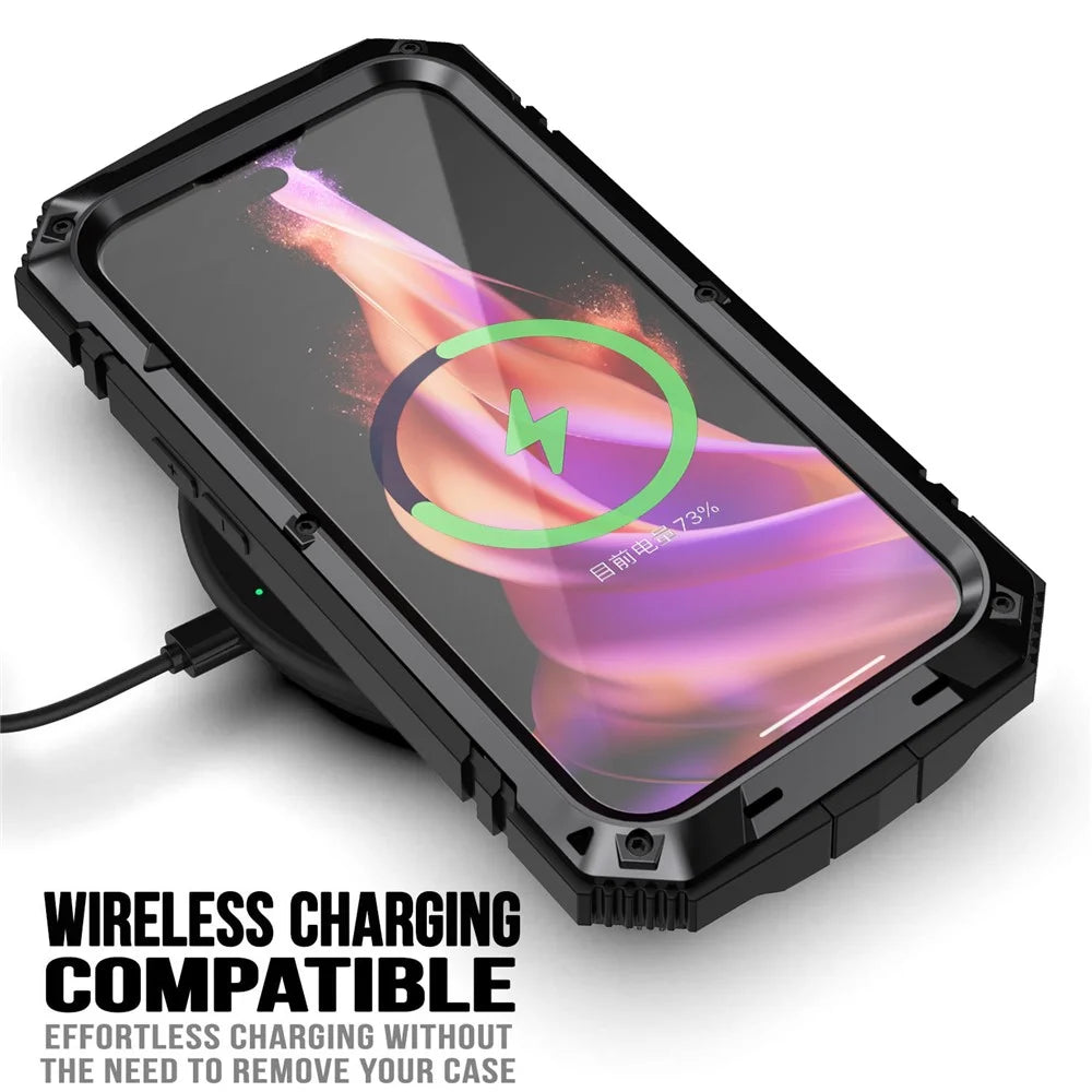 R-JUST For iPhone 15 Plus PC+Silicone+Metal Phone Case Drop-proof Kickstand Cover with Tempered Glass Film - Black - 2