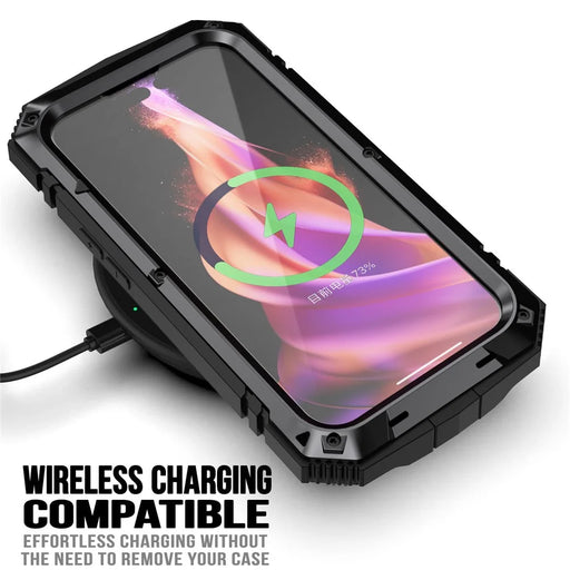 R-JUST For iPhone 15 Plus PC+Silicone+Metal Phone Case Drop-proof Kickstand Cover with Tempered Glass Film - Black - 2