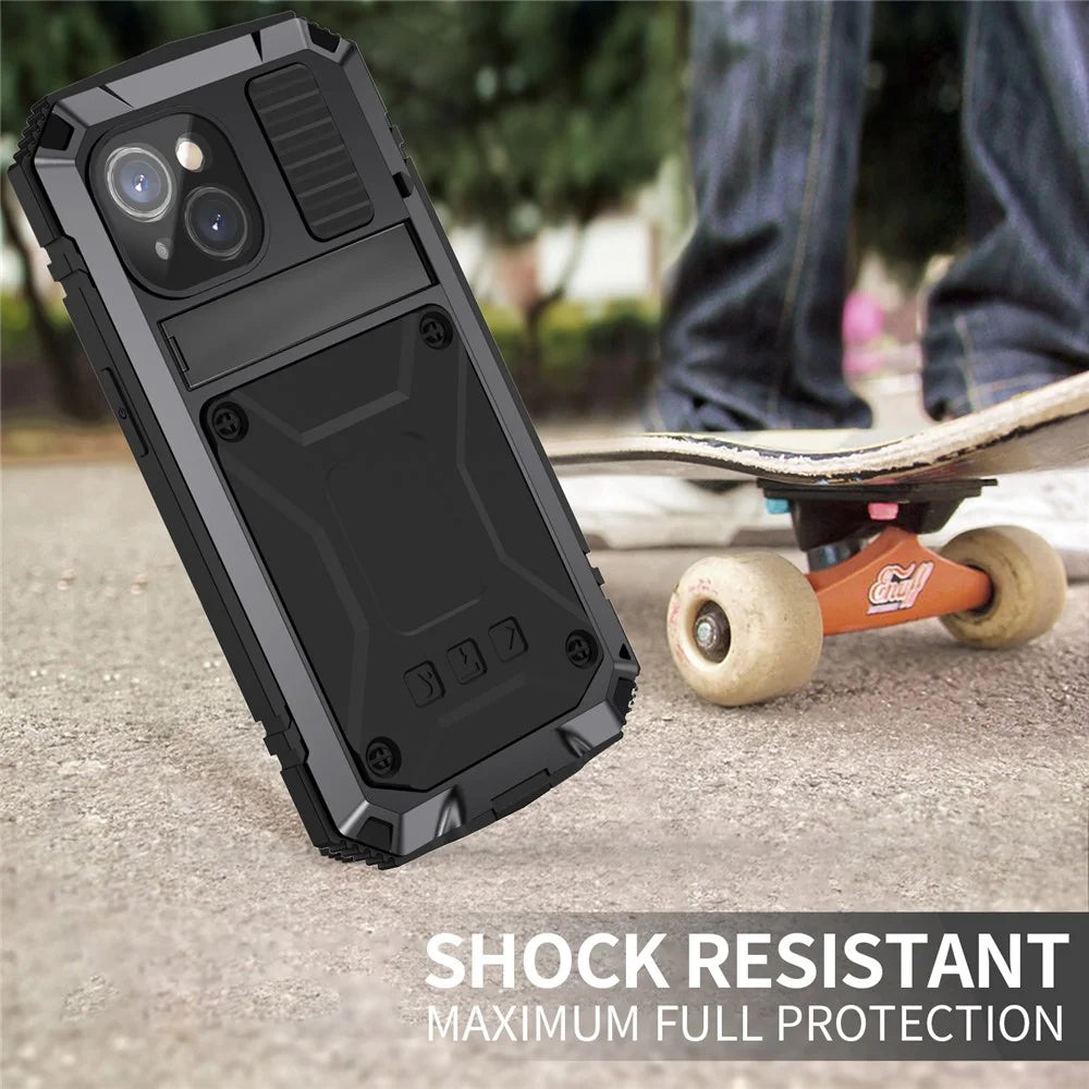 R-JUST For iPhone 15 Plus PC+Silicone+Metal Phone Case Drop-proof Kickstand Cover with Tempered Glass Film - Black - 3