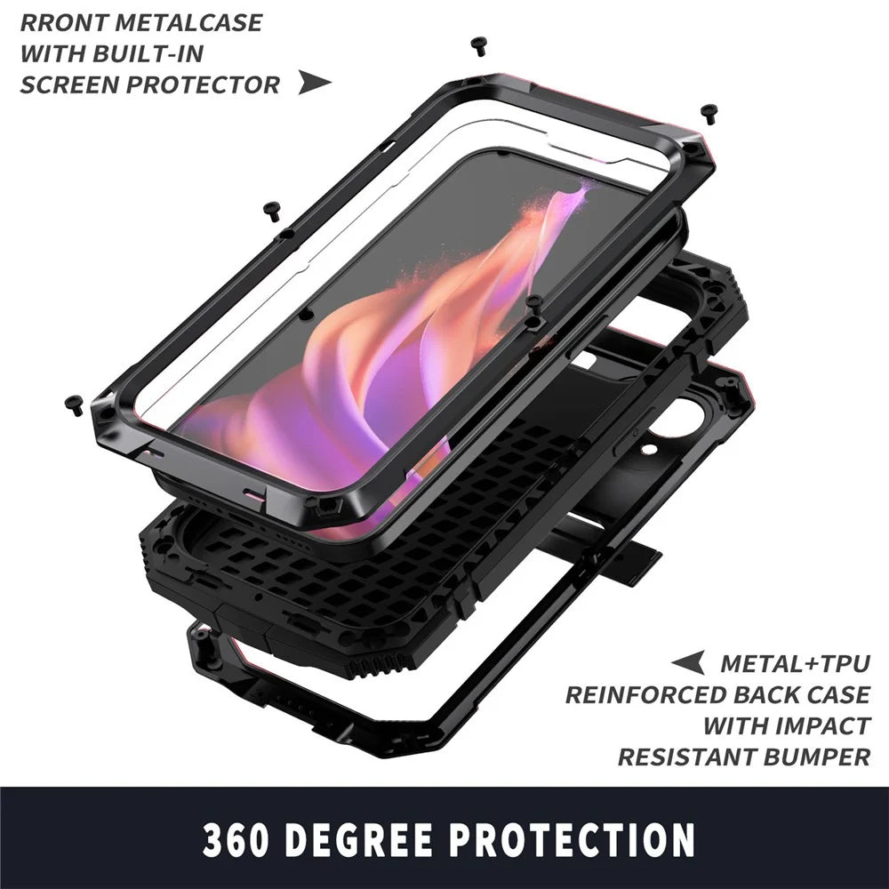 R-JUST For iPhone 15 Plus PC+Silicone+Metal Phone Case Drop-proof Kickstand Cover with Tempered Glass Film - Black - 4