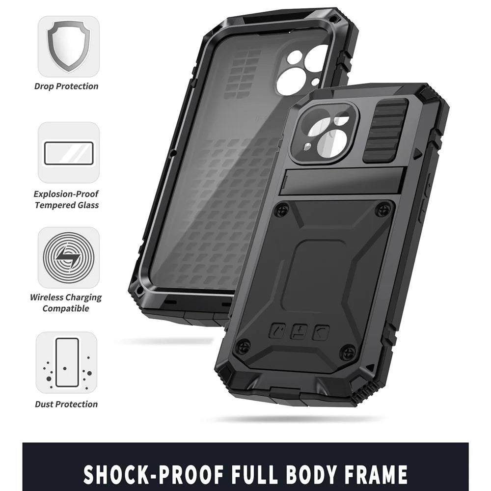 R-JUST For iPhone 15 Plus PC+Silicone+Metal Phone Case Drop-proof Kickstand Cover with Tempered Glass Film - Black - 5