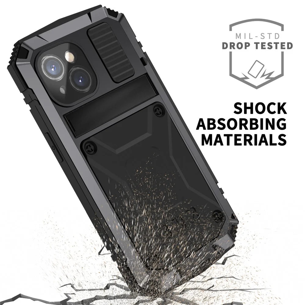 R-JUST For iPhone 15 Plus PC+Silicone+Metal Phone Case Drop-proof Kickstand Cover with Tempered Glass Film - Black - 7