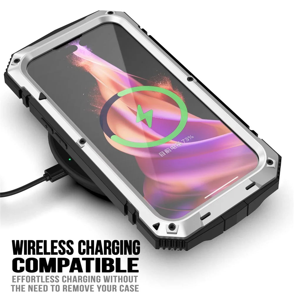 R-JUST Full Protection Kickstand Case for iPhone 15 , PC+Silicone+Metal Phone Cover with Tempered Glass Film - Silver - 2
