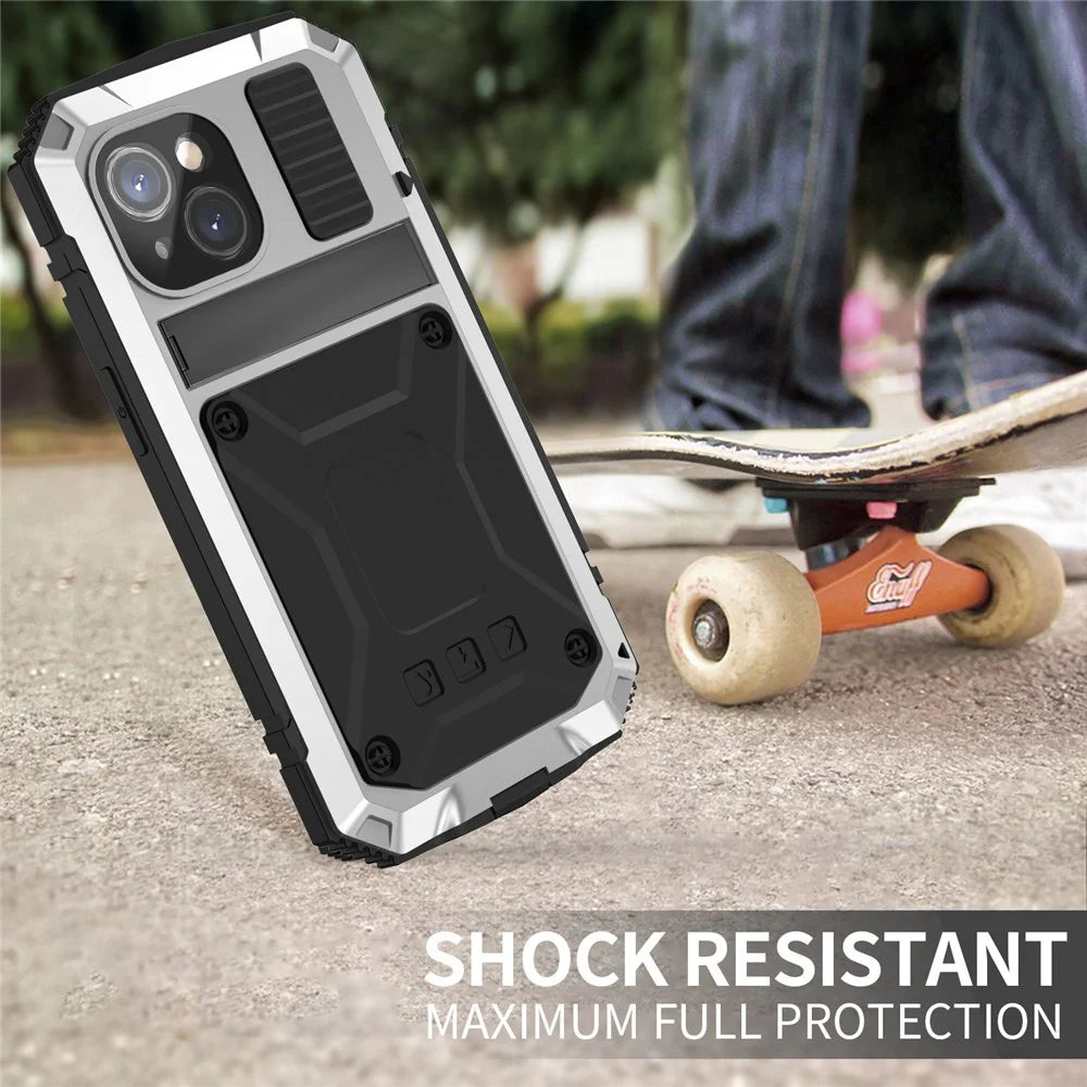 R-JUST Full Protection Kickstand Case for iPhone 15 , PC+Silicone+Metal Phone Cover with Tempered Glass Film - Silver - 3