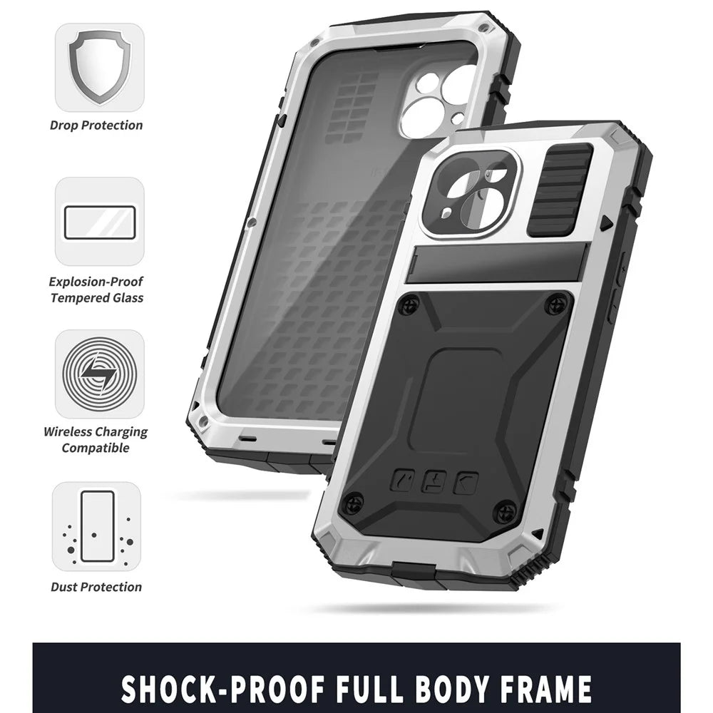 R-JUST Full Protection Kickstand Case for iPhone 15 , PC+Silicone+Metal Phone Cover with Tempered Glass Film - Silver - 5