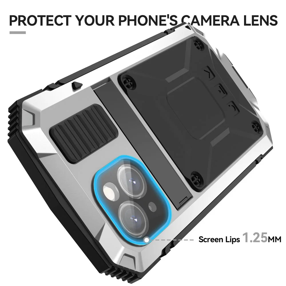 R-JUST Full Protection Kickstand Case for iPhone 15 , PC+Silicone+Metal Phone Cover with Tempered Glass Film - Silver - 6
