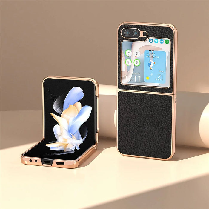 For Samsung Galaxy Z Flip5 5G Litchi Texture Back Cover Genuine Cow Leather Coated PC Electroplating Phone Case - Black - 2