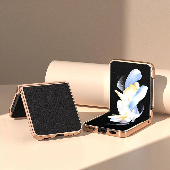 For Samsung Galaxy Z Flip5 5G Litchi Texture Back Cover Genuine Cow Leather Coated PC Electroplating Phone Case - Black - 3