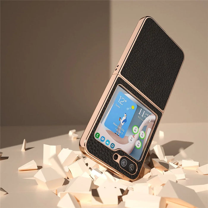 For Samsung Galaxy Z Flip5 5G Litchi Texture Back Cover Genuine Cow Leather Coated PC Electroplating Phone Case - Black - 5