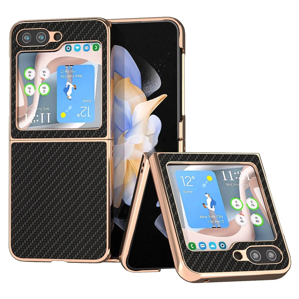 For Samsung Galaxy Z Flip5 5G Carbon Fiber Texture Phone Case PU Leather + PC Electroplating Cover - Black - 1