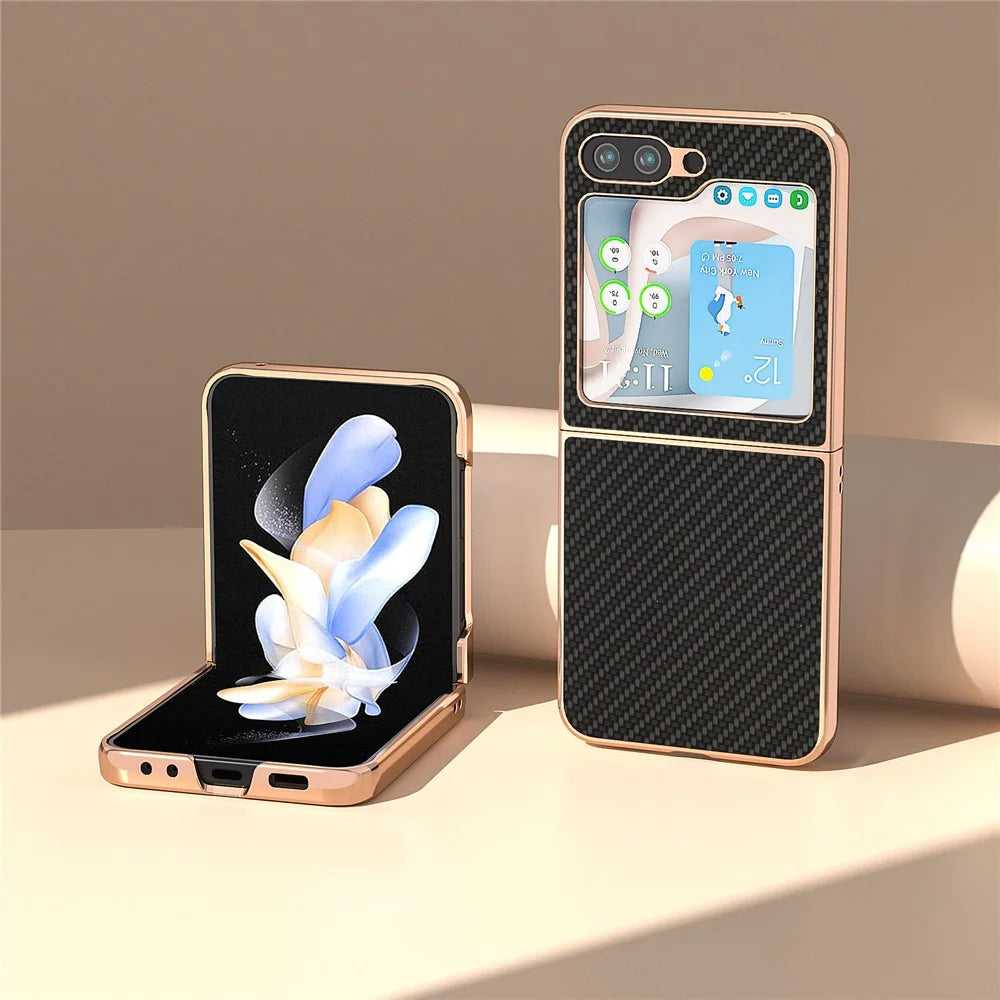 For Samsung Galaxy Z Flip5 5G Carbon Fiber Texture Phone Case PU Leather + PC Electroplating Cover - Black - 2