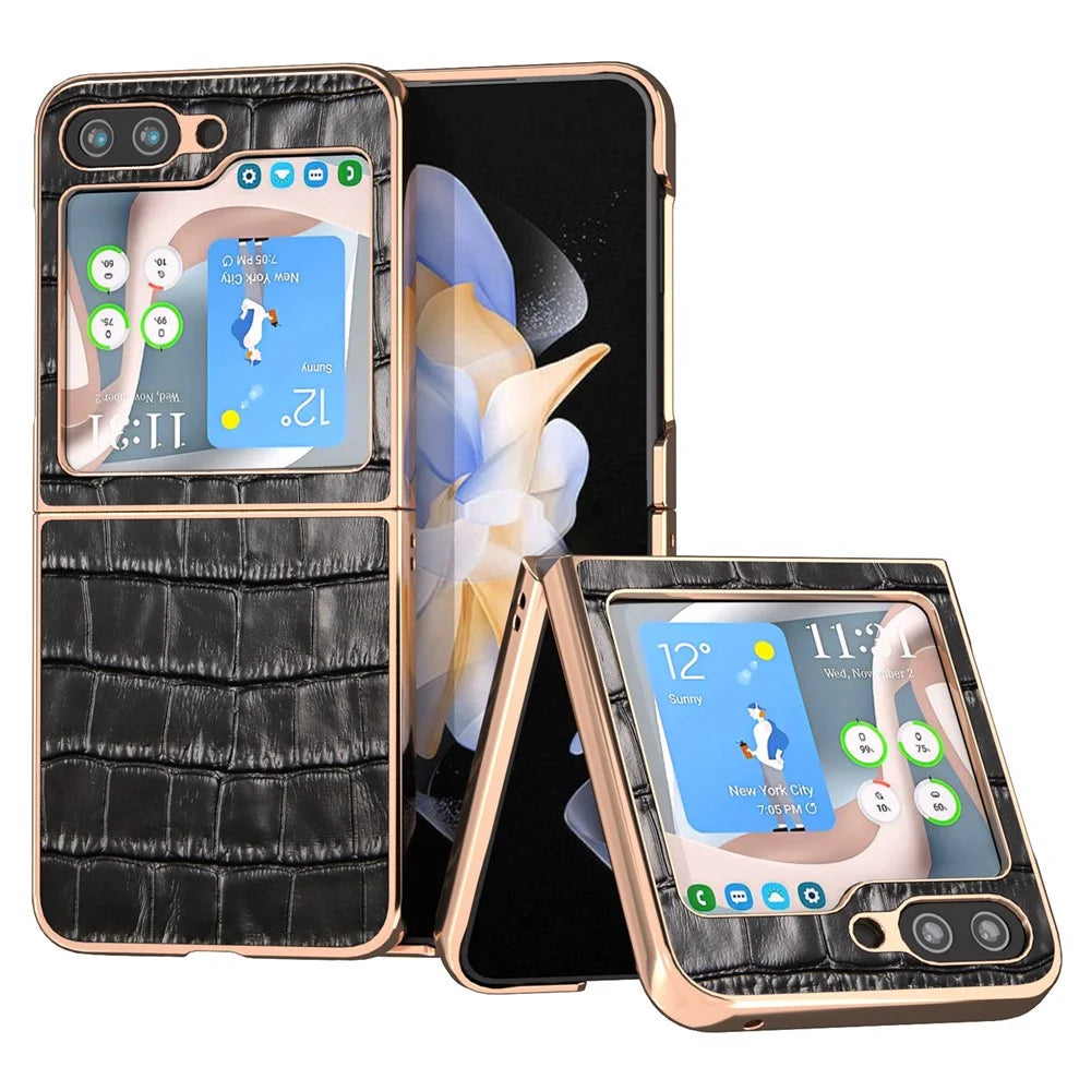 For Samsung Galaxy Z Flip5 5G Crocodile Texture Back Cover Genuine Cow Leather + PC Nano Electroplating Phone Case - Black - 1