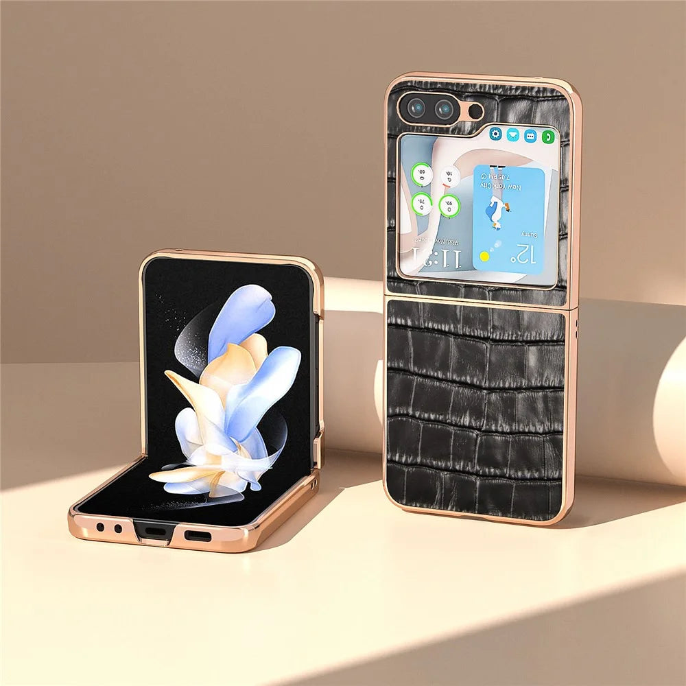 For Samsung Galaxy Z Flip5 5G Crocodile Texture Back Cover Genuine Cow Leather + PC Nano Electroplating Phone Case - Black - 2