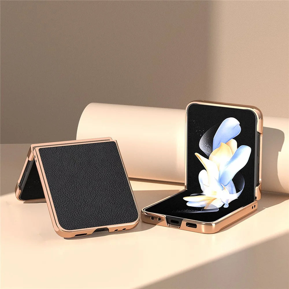 For Samsung Galaxy Z Flip5 5G Litchi Texture Phone Case Genuine Cow Leather + PC Nano Electroplating Cover - Black - 3