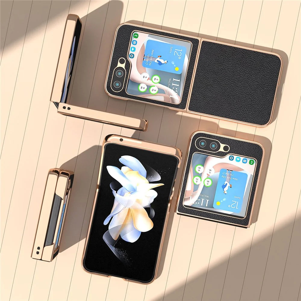 For Samsung Galaxy Z Flip5 5G Litchi Texture Phone Case Genuine Cow Leather + PC Nano Electroplating Cover - Black - 4