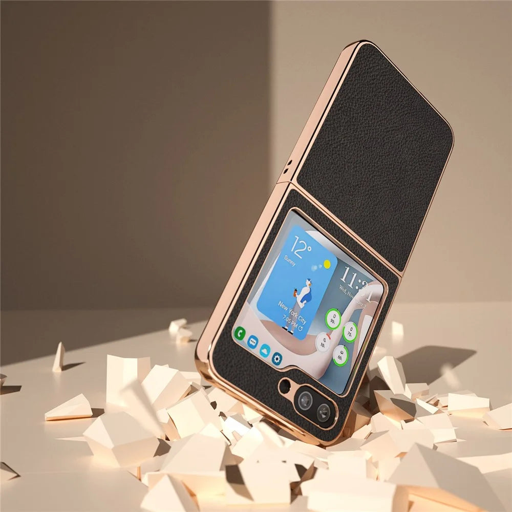For Samsung Galaxy Z Flip5 5G Litchi Texture Phone Case Genuine Cow Leather + PC Nano Electroplating Cover - Black - 5