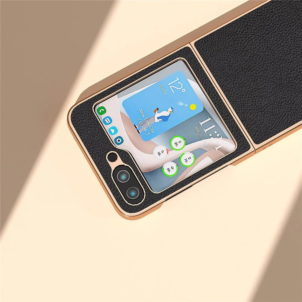 For Samsung Galaxy Z Flip5 5G Litchi Texture Phone Case Genuine Cow Leather + PC Nano Electroplating Cover - Black - 6