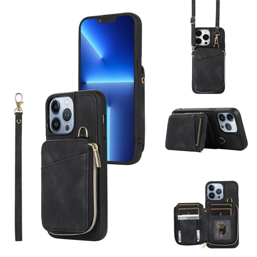 For iPhone 13 Pro Max Slim-Fit Phone Cover Zipper Wallet Phone Cover Kickstand PU Leather+TPU Shell - Black - 1