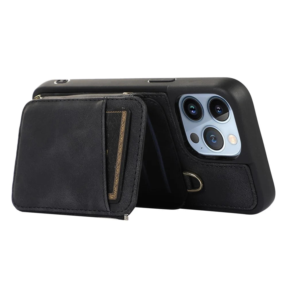 For iPhone 13 Pro Max Slim-Fit Phone Cover Zipper Wallet Phone Cover Kickstand PU Leather+TPU Shell - Black - 3
