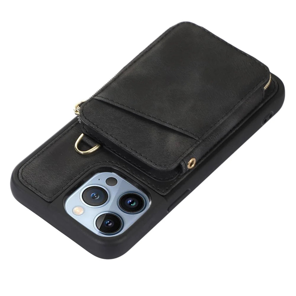 For iPhone 13 Pro Max Slim-Fit Phone Cover Zipper Wallet Phone Cover Kickstand PU Leather+TPU Shell - Black - 4