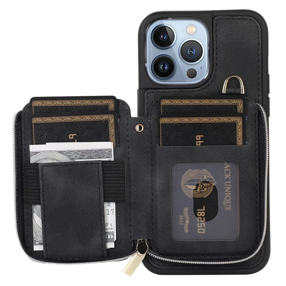 For iPhone 13 Pro Max Slim-Fit Phone Cover Zipper Wallet Phone Cover Kickstand PU Leather+TPU Shell - Black - 5