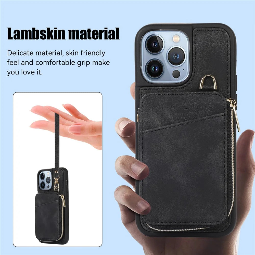 For iPhone 13 Pro Max Slim-Fit Phone Cover Zipper Wallet Phone Cover Kickstand PU Leather+TPU Shell - Black - 7