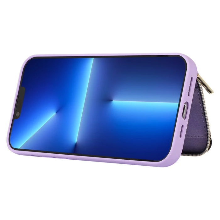 For iPhone 13 Pro Kickstand Zipper Phone Case Wallet Cover PU Leather+TPU Phone Shell - Purple - 2