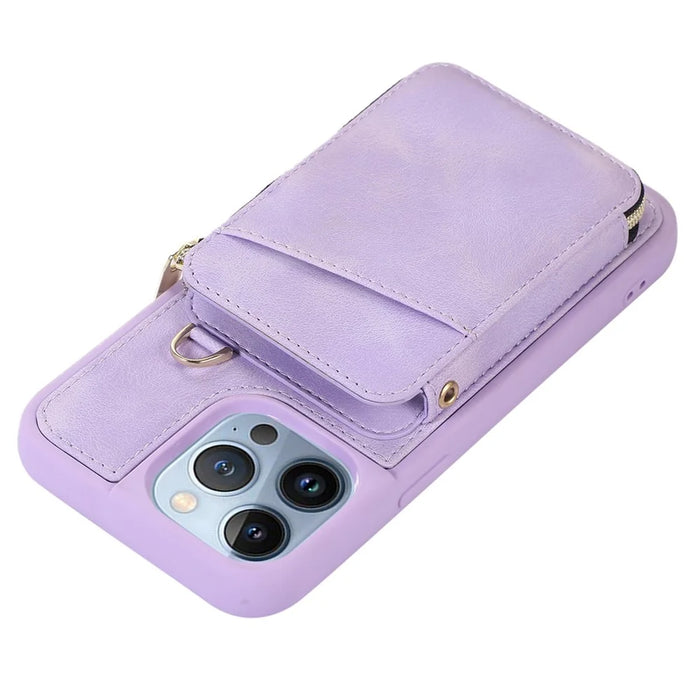For iPhone 13 Pro Kickstand Zipper Phone Case Wallet Cover PU Leather+TPU Phone Shell - Purple - 4