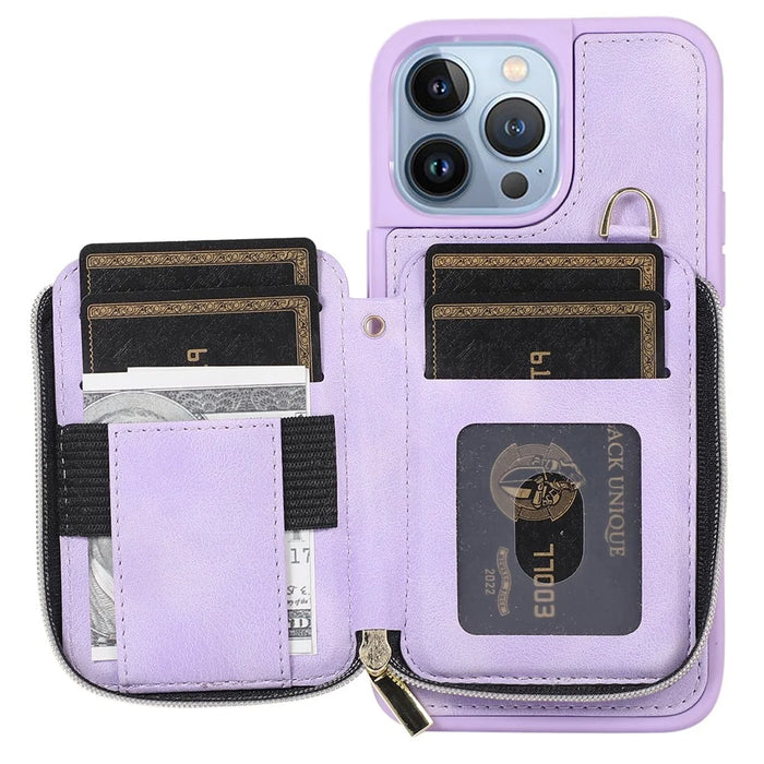 For iPhone 13 Pro Kickstand Zipper Phone Case Wallet Cover PU Leather+TPU Phone Shell - Purple - 5