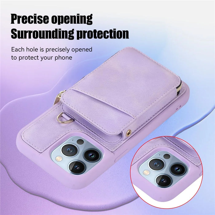 For iPhone 13 Pro Kickstand Zipper Phone Case Wallet Cover PU Leather+TPU Phone Shell - Purple - 7