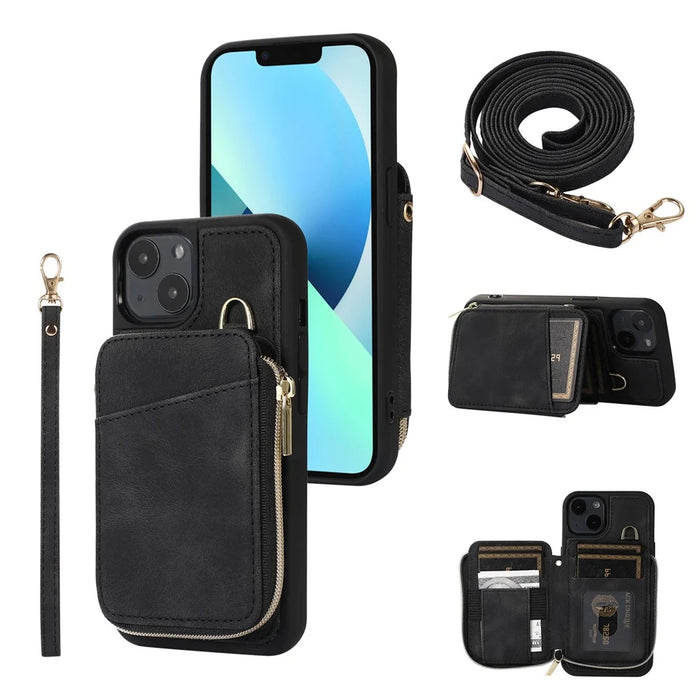 For iPhone 13 Zipper Wallet Cover Kickstand PU Leather+TPU Case Mobile Phone Guard Shell - Black - 1