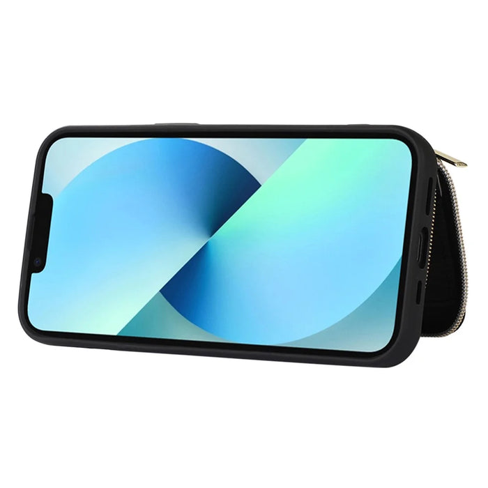 For iPhone 13 Zipper Wallet Cover Kickstand PU Leather+TPU Case Mobile Phone Guard Shell - Black - 2